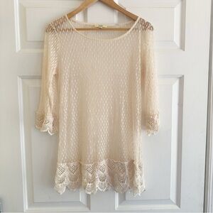 Kori America Cream Sheer Crochet Lace Fringe Top Dress Sz Small‎ Hippie Festival